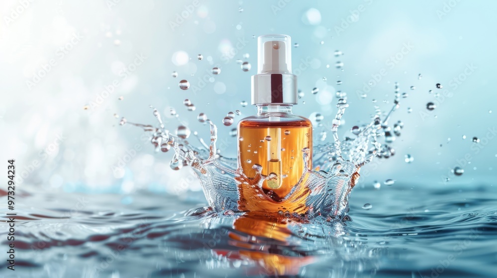 Serum bottle with water splash on light background, Close-up photo with clean background Serum bottle with water splash on light background, Close-up photo with clean background