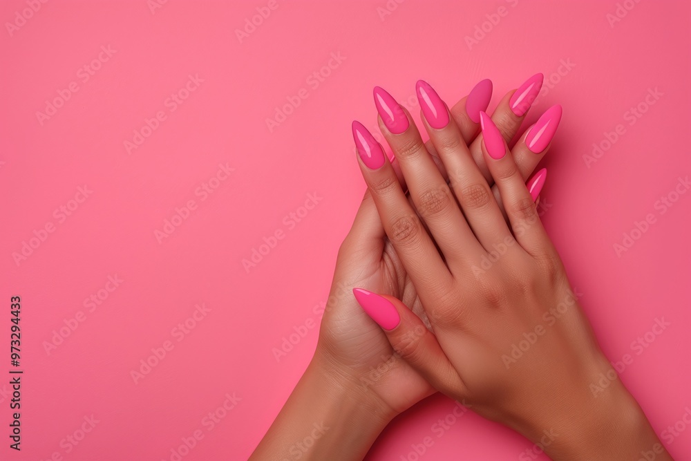 Close-up of hands with bright pink nail polish on a solid pink background. Minimalist design with copy space, perfect for beauty banners, nail polish ads, fashion marketing, and modern skincare Close-up of hands with bright pink nail polish on a solid pink background. Minimalist design with copy space, perfect for beauty banners, nail polish ads, fashion marketing, and modern skincare