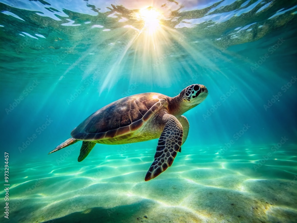 A serene green sea turtle swims slowly through the calm turquoise ocean, its shell glistening in the warm A serene green sea turtle swims slowly through the calm turquoise ocean, its shell glistening in the warm
