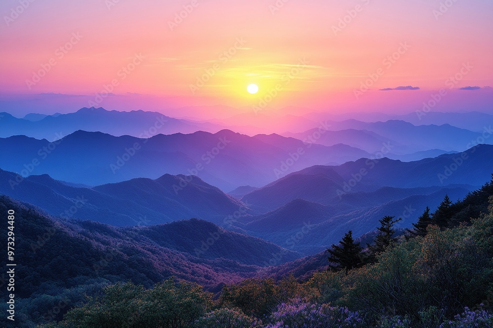 Fototapeta premium Layers of mountain ranges at sunset