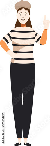 Female mime artist wearing beret and striped shirt standing and pointing up with index finger