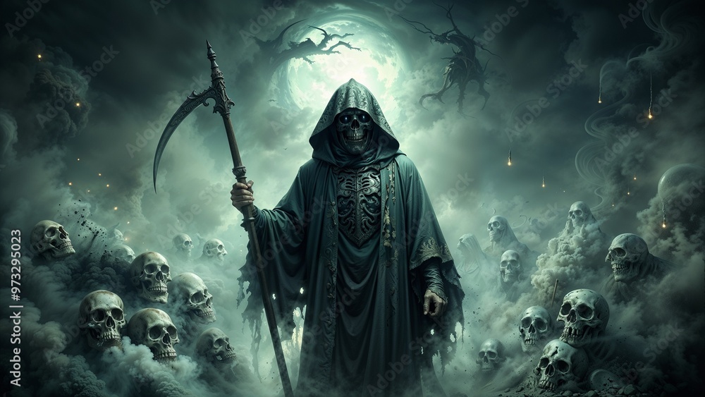 Fototapeta premium Grim Reaper Holding Scythe Surrounded by Skulls and Mist, Dark and Ominous Halloween Scene