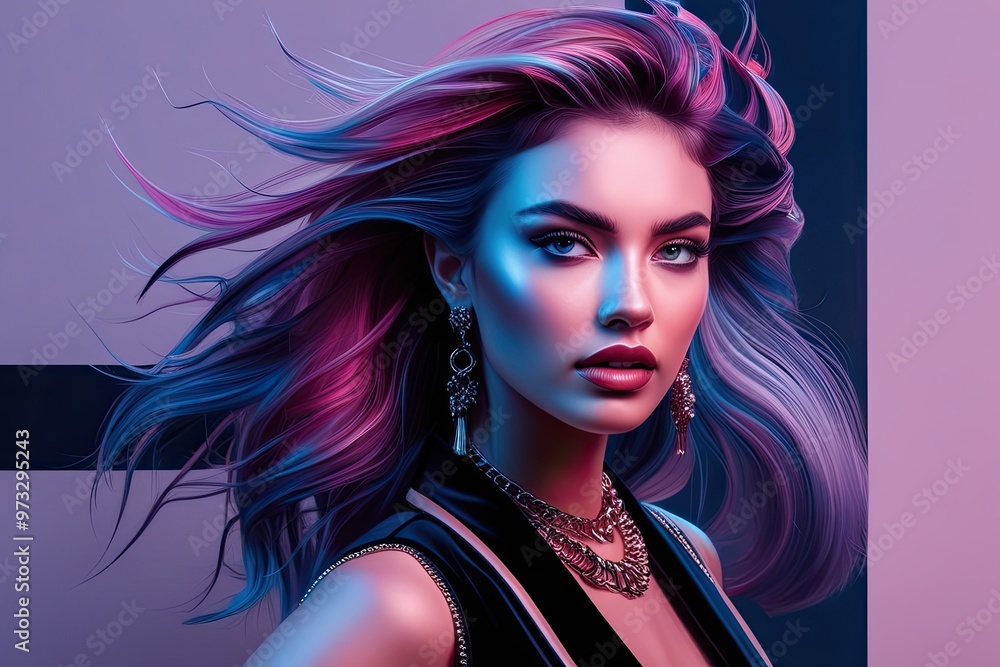 Fototapeta premium Contemporary Abstract Portrait of a Young Woman with Dynamic Allure and Intense Aesthetic in a Stylish Setting