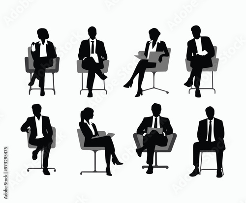 Business people sitting men and women silhouette EPS vector template