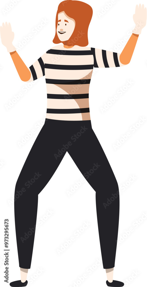 Mime artist is standing with their arms raised, wearing a striped shirt and black pants, their face painted white with exaggerated expressions Mime artist is standing with their arms raised, wearing a striped shirt and black pants, their face painted white with exaggerated expressions