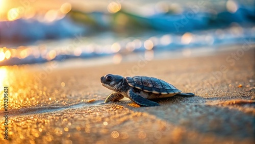 A small, adorable baby turtle emerges from the sand on a sunny beach, its shell glistening with dew, photo