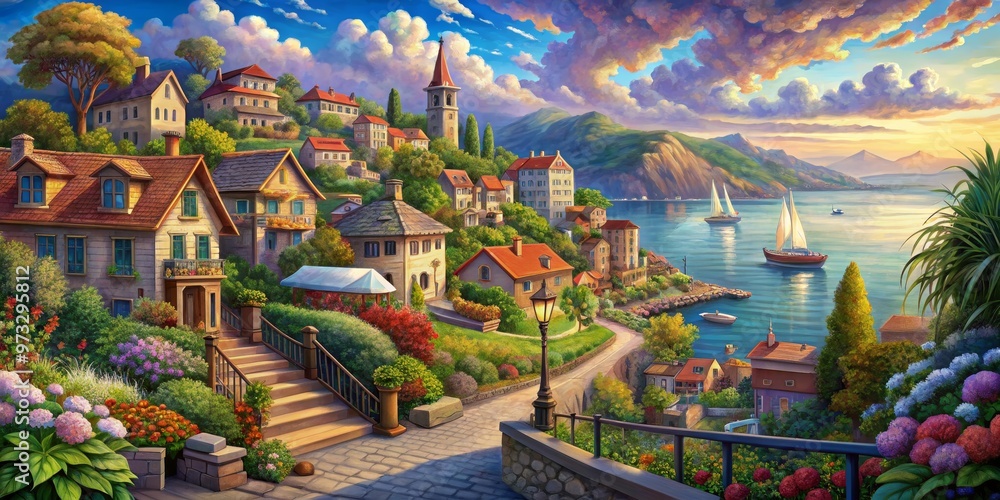 Fototapeta premium Coastal Town Sunset - Digital Painting, Colorful Landscape, Village by the Sea, Beautiful Scenery, Waterfront, Coastal Town, Sunset, Village