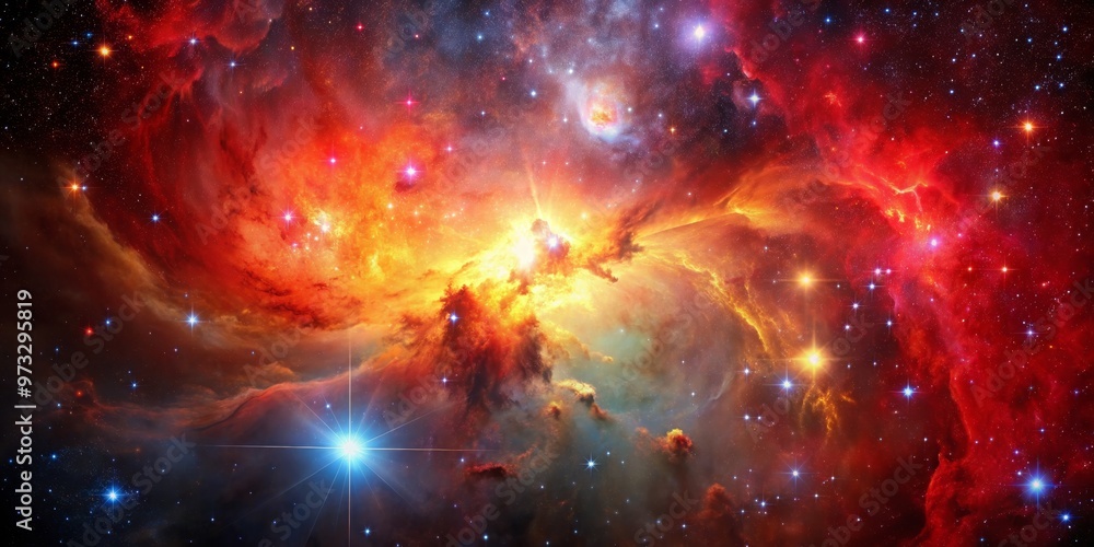 Fototapeta premium Cosmic Nebula A Celestial Tapestry of Red and Gold, Space, Universe, Galaxy, Stars