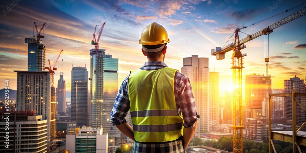 Construction Worker Looking at Cityscape During Sunset, Construction, Construction worker, Construction site, Cityscape Construction Worker Looking at Cityscape During Sunset, Construction, Construction worker, Construction site, Cityscape