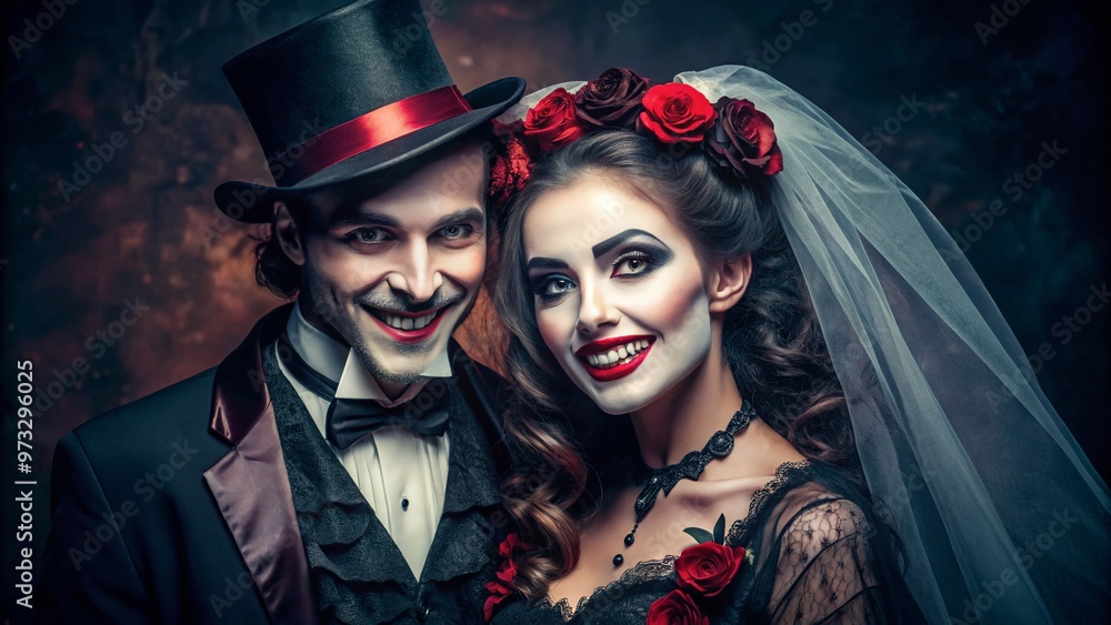 Obraz premium A smiling duo dressed as a Victorian-era vampire and his Gothic bride pose together, showcasing a hauntingly romantic couple's Halloween costume idea.
