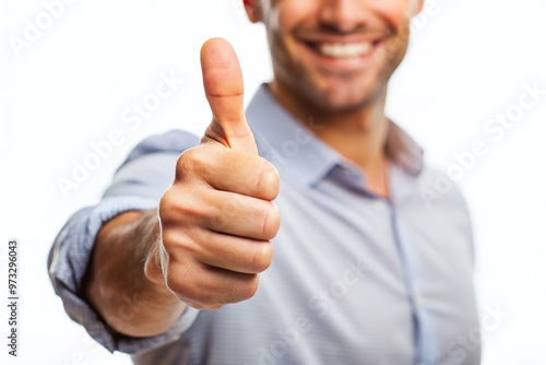 A smiling hand giving a thumbs up gesture, conveying approval, satisfaction, and positivity, isolated on a white photo