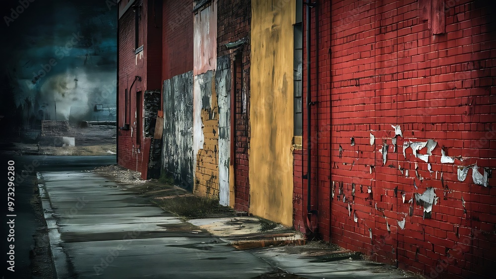 Fototapeta premium Grunge background, red brick wall texture bright plaster wall and blocks road sidewalk abandoned exterior urban background for your concept or project