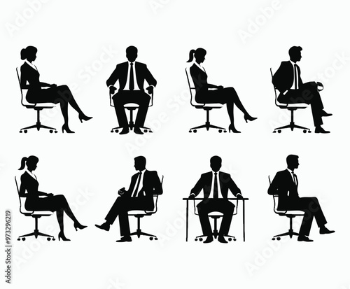 Business people sitting men and women silhouette EPS vector template