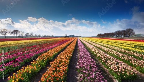 Wallpaper Mural Expansive Flower Fields Under a Bright Spring Sky, Bursting with Color Torontodigital.ca