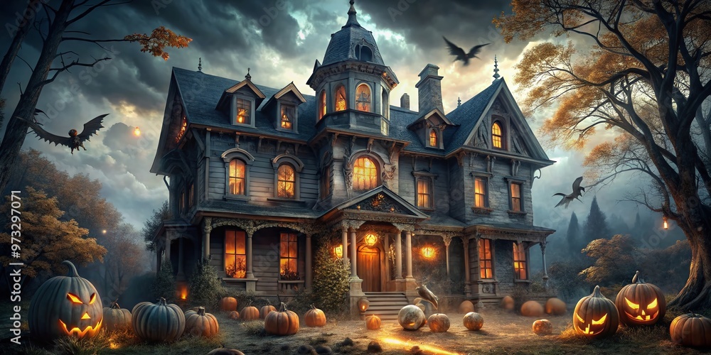 Fototapeta premium A spooky abandoned mansion facade adorned with eerie ghostly figures, cobwebs, and glowing jack-o'-lanterns, set
