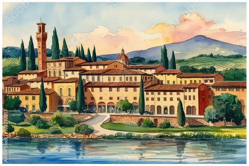 Scenic Tuscany Summer: Vintage Watercolor Art of Italian Downtown Skyline