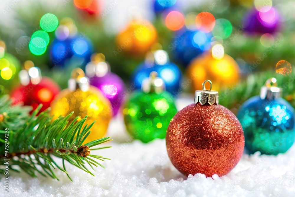Fototapeta premium Colorful glitter Christmas tree decoration on white background with shallow depth of field