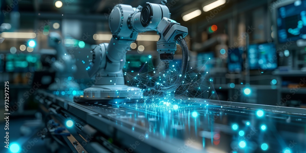 Robotic arm in a futuristic factory environment, interacting with a digital network, representing automation, advanced technology Robotic arm in a futuristic factory environment, interacting with a digital network, representing automation, advanced technology