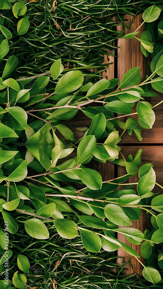 Fototapeta premium Green leaves on twigs, sward and wooden planks background