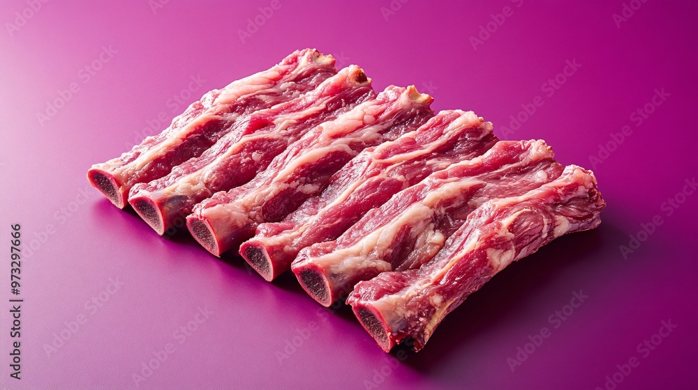 Obraz premium Raw pork ribs arranged on a dark glossy surface with a bright purple background, contrasting elegance
