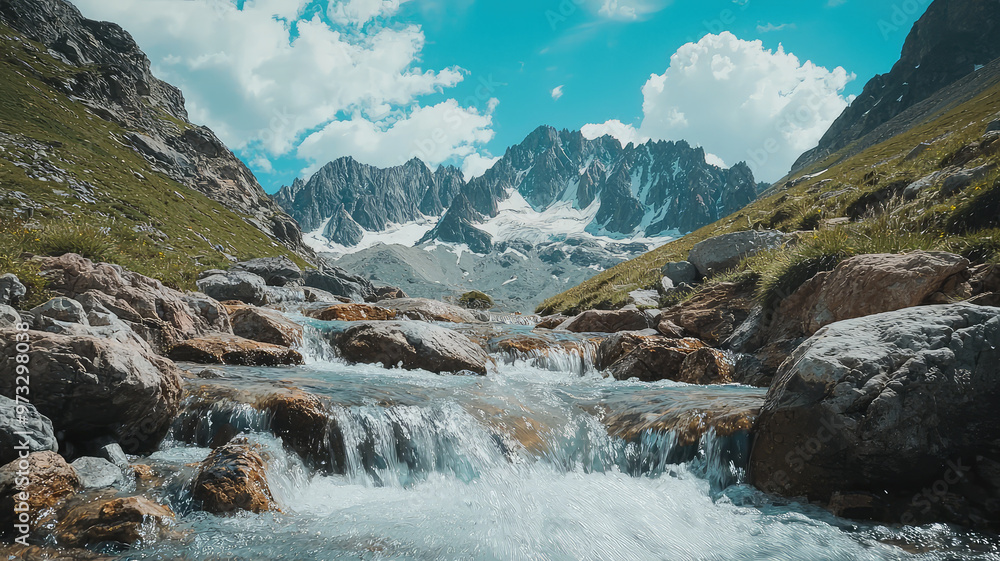 A mountain stream rushing down over rocks, surrounded by stunning peaks A mountain stream rushing down over rocks, surrounded by stunning peaks