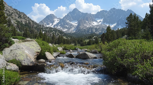 A mountain stream rushing down over rocks, surrounded by lush greenery and towering peaks