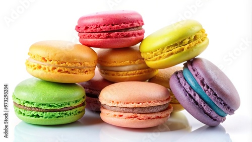 colorful macarons on white background with tilted angle