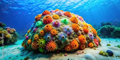 Colorful marine life on sandy sea bottom, decorated with encrusting sponges and tunicates, including crawling sea urchins Evechinus chloroticus photo