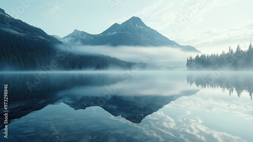 A serene mountain reflected in still lake, surrounded by misty trees