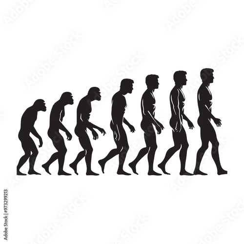 Clean Black and white vector silhouette of a Evolution of human specie on white background