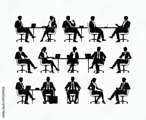 Business people sitting men and women silhouette EPS vector template