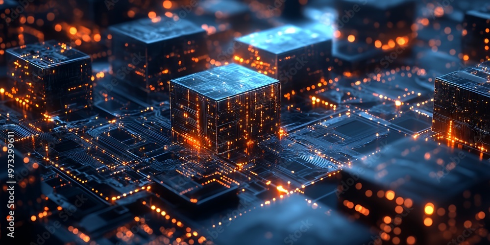 Close-up of a glowing circuit board with futuristic cubes. Close-up of a glowing circuit board with futuristic cubes.