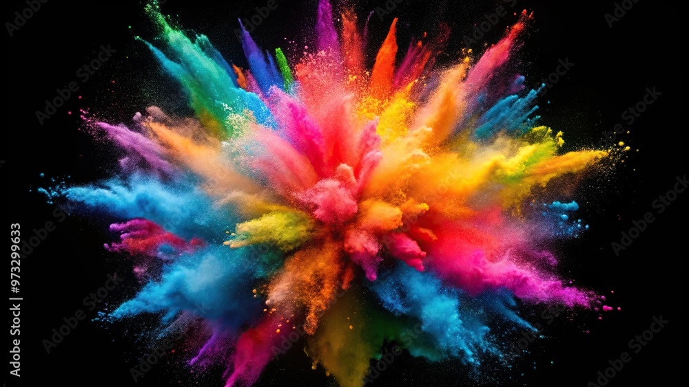 Colorful powder explosion on dark background aerial view Colorful powder explosion on dark background aerial view