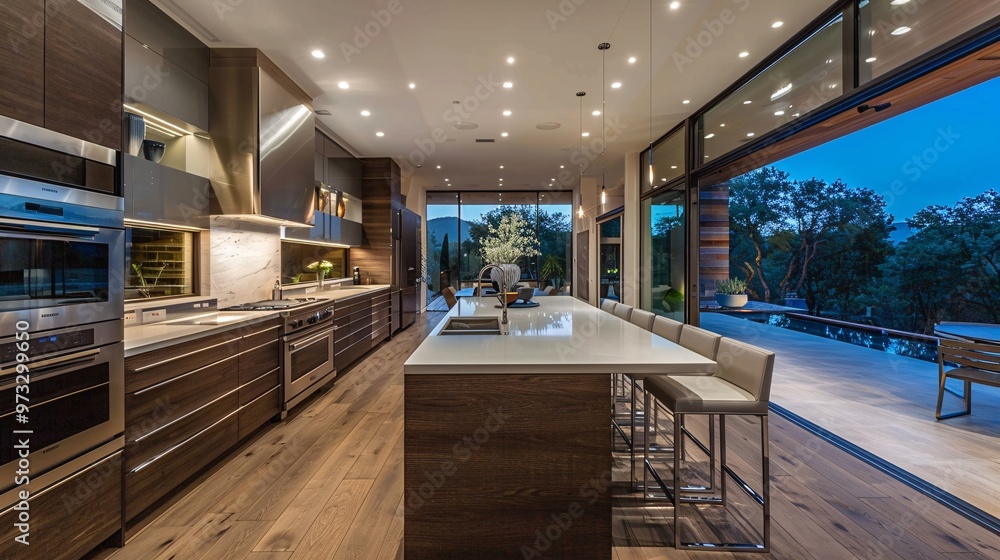 Modern Kitchen with Island and Sliding Doors to Outdoor Patio Modern Kitchen with Island and Sliding Doors to Outdoor Patio