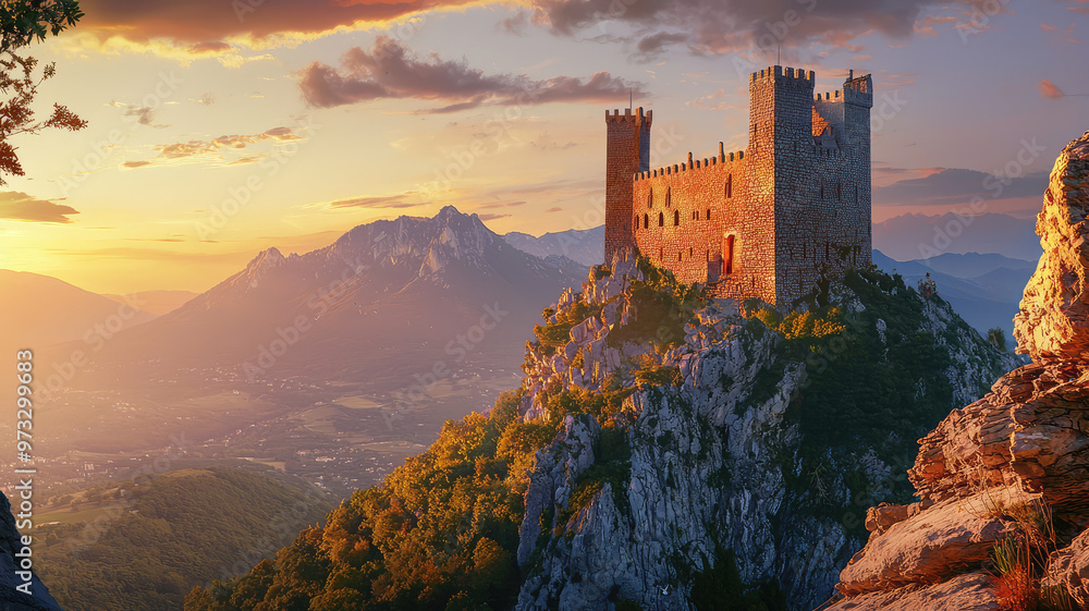 Obraz premium Majestic castle perched on mountain at sunset, evoking wonder and awe