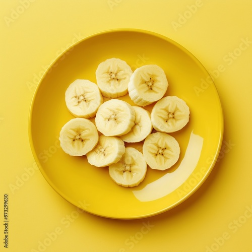 A vibrant yellow plate with fresh and neatly sliced banana circles. Monochromatic colors.