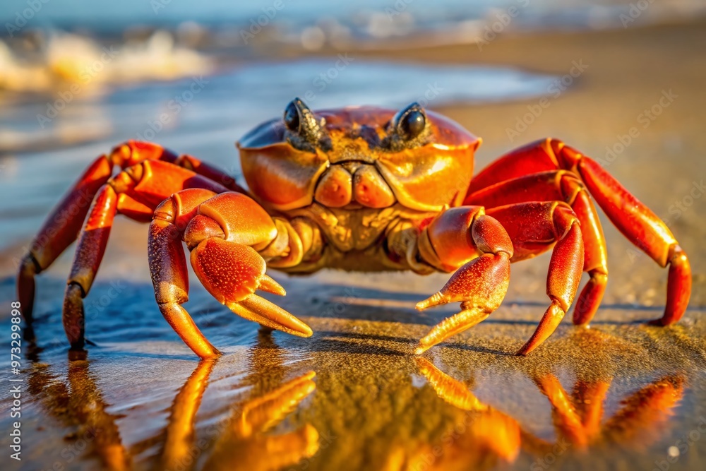 A vibrant orange mudcrab, also known as a mangrove crab, scuttles across a sandy beach at low tide, A vibrant orange mudcrab, also known as a mangrove crab, scuttles across a sandy beach at low tide,