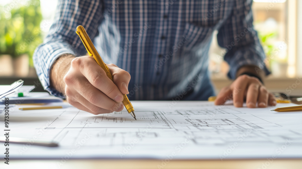 Architect is using a pen to draw on blueprints while working on a new project at his desk Architect is using a pen to draw on blueprints while working on a new project at his desk