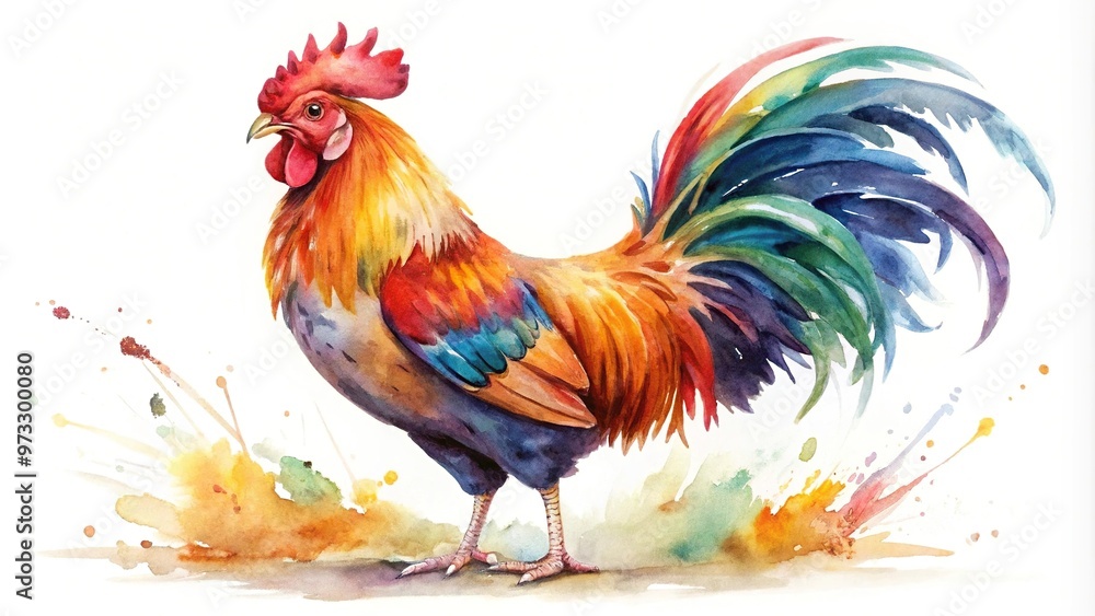 Fototapeta premium Colorful rooster watercolor painting on white background, symmetrical