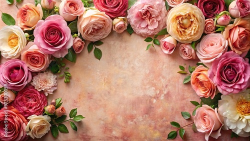 Fototapeta Naklejka Na Ścianę i Meble -  Colorful rose blooms on blush background with classic roses on vintage wall