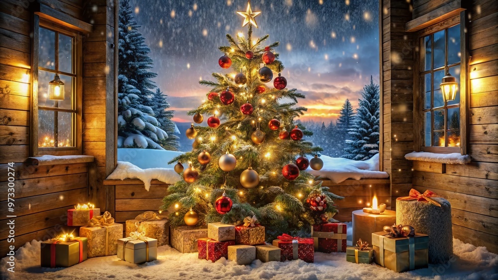 Obraz premium A warm and cozy scene featuring a beautifully decorated Christmas tree, adorned with ornaments and lights, surrounded by festive gifts and a tranquil snowy background.