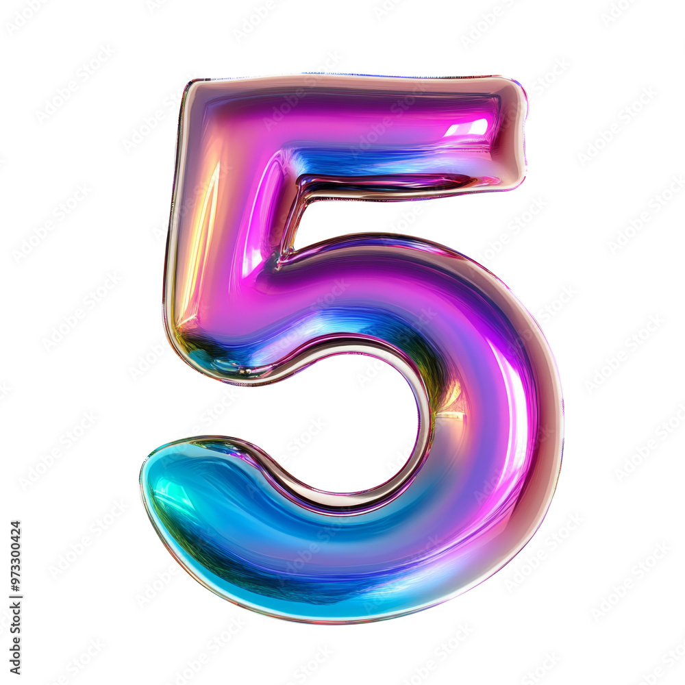 Hologram metallic 5 number alphabet balloon Realistic 3D on white background. Generative AI Hologram metallic 5 number alphabet balloon Realistic 3D on white background. Generative AI