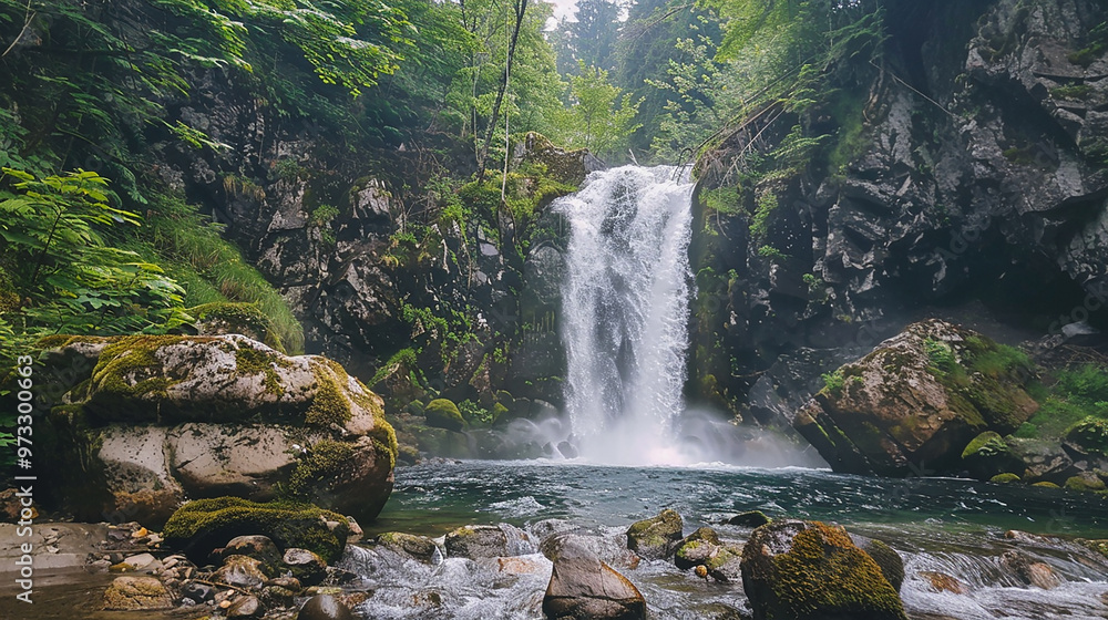 Serene Landscape Where a Beautiful Waterfall Begins Serene Landscape Where a Beautiful Waterfall Begins