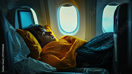 A person sleeping on night flight under cozy blanket, looking peaceful photo