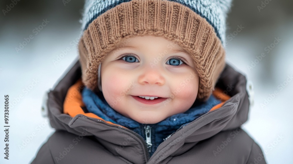A baby wearing a brown hat and a blue jacket is smiling A baby wearing a brown hat and a blue jacket is smiling