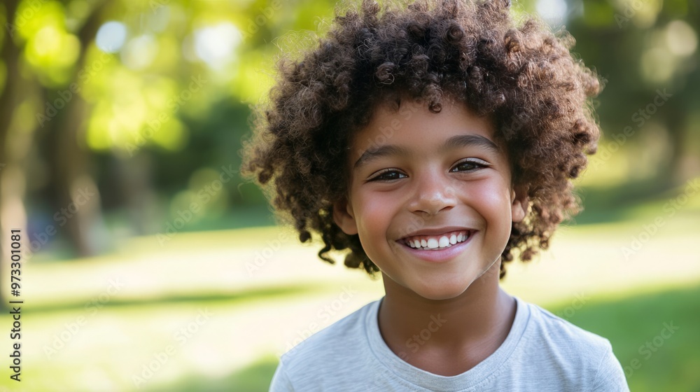 A young boy with curly hair is smiling and looking at the camera A young boy with curly hair is smiling and looking at the camera
