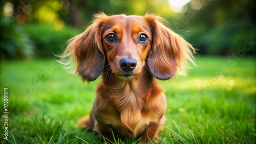 Adorable, fluffy, and playful small sausage dog with short legs and long body, sitting on green grass, looking up with big brown eyes.