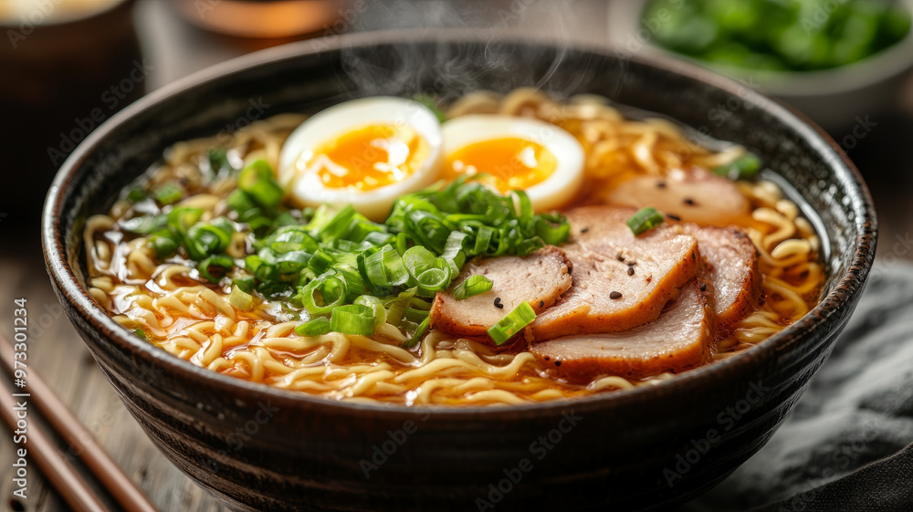 Ramen bowl with pork, eggs, and scallions in a dark setting. Ramen bowl with pork, eggs, and scallions in a dark setting.