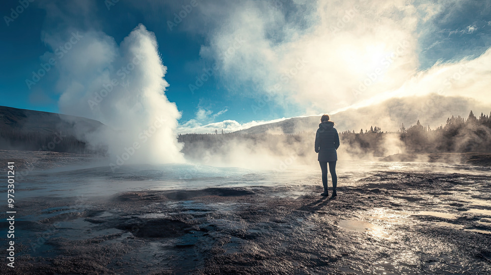 Obraz premium A person staring in wonder at geyser erupting in geothermal area