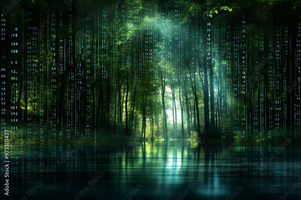 A mystical forest scene with digital code overlay and reflection in the water. A mystical forest scene with digital code overlay and reflection in the water.